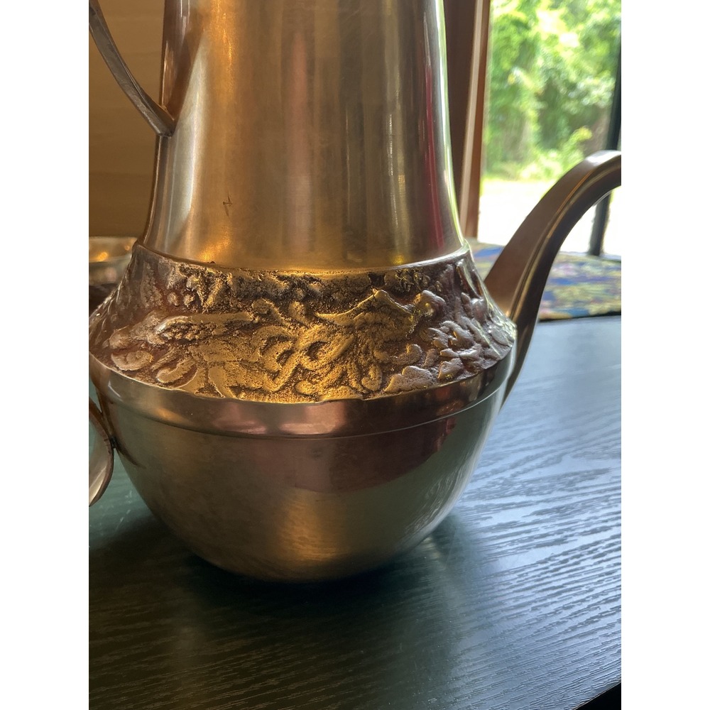Vintage Brass Tea Coffee Pot Set with 2 Leaf Handle Cups Embossed Floral Pattern - Picture 14 of 16
